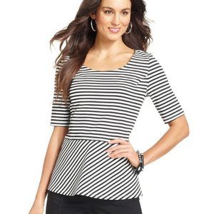 Alfani Black White Striped Peplum Top Back Zipper Large